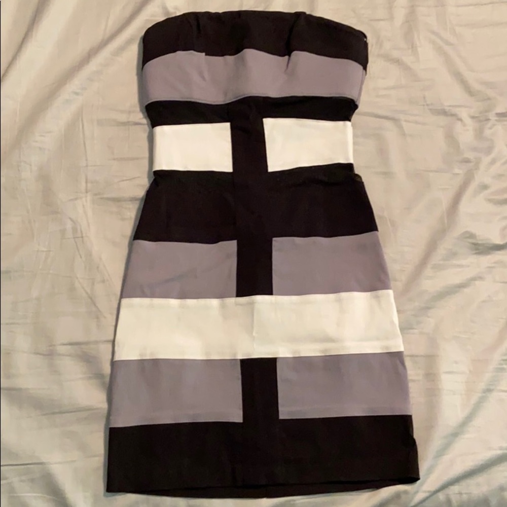 Black, white, & grey strapless dress